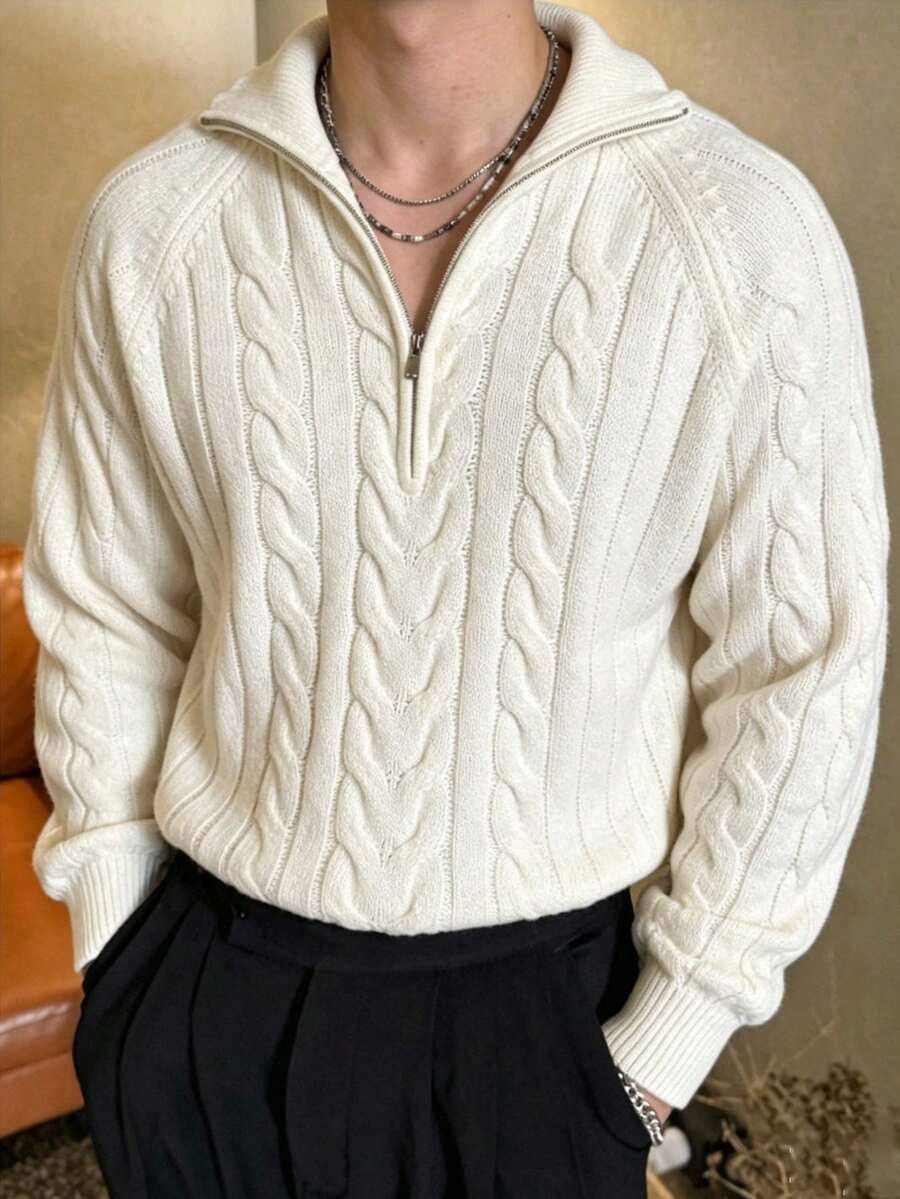 DAZY Solid Color Beige Casual Daily Wear Knitted Sweater For Men, Spring Winter Quarter Zip Men - Beige - View 1