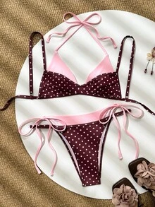 Swim Vcay 2件/套 女款夏季海灘套裝，隨機彩色印花吊帶上衣 & 比基尼泳褲泳裝套裝 - 彩色 - 查看 3