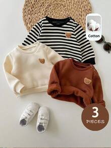 SHEIN 新生兒圓領熊圖案休閒日常長袖上衣 3件/套 - 彩色 - 查看 3