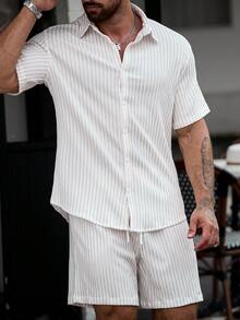 Manfinity CasualCool Men's Jacquard Textured Striped Short Sleeve Shirt And Shorts Set - White - View 6