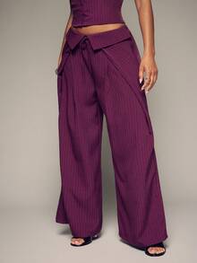Hauture Celana Panjang Longgar Bergaris Hitam Putih Elegan untuk Wanita, Sempurna untuk Pakaian Kantor yang Chic, Jalan-jalan, Kencan, Pesta Musim Gugur - Red Violet - View 2