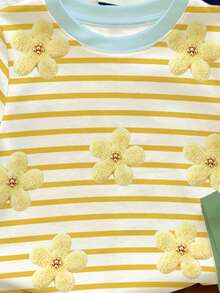 (Random Pattern, 1 Pc Random) Girls' Fresh Minimalist Yellow Striped Floral Cuff Contrast Blue Strawberry Lemon Basic Short T-Shirt, Everyday Wear - Multicolor - View 4