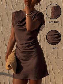 Siren Gaze Women Summer Dark Brown Pleated Lace Trim Mini Dress Business Casual Mature Sexy Elegant Resort Style Festival Party Dinner Date Night Out Teacher - Brown - View 5