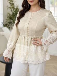 Solavon Plus Size Sweet French Style Button Lace Patchwork Flared Cuff Blouse - Beige - View 5
