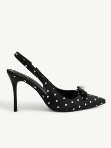 CUCCOO CHICEST Women Shoes Spring And Summer New Models, Polka Dot Satin Pointed Back Empty Sandals, Pearl Bow Stiletto High Heels, Gentle And Sweet Style, Daily - Black - View 9