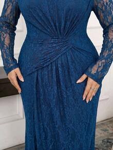 Modelyn Plus Size Elegant Party Solid Color Lace Dress - Blue - View 2
