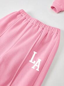 SHEIN 少女休閒「LA」字母印花針織純色寬鬆落肩長袖衛衣與百褶寬腿運動褲套裝，女孩秋季服飾，女孩秋季穿搭，女孩冬季服飾 - 粉色 - 查看 3