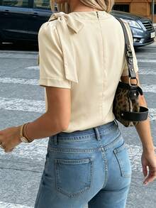 SHEIN Raffinéa Elegant French Beige Satin Blouse With Contrast Bow Puff Sleeves, Office Tea Party Wear Short Sleeve Top For Women, Chic Business Casual Shirt Summer - Apricot - View 2