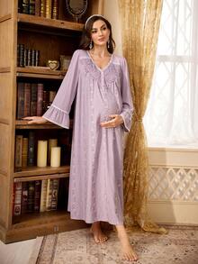 PalaceNights Royal Style Heavy Embroidery Fabric V-Neck Lace Trim Long Sleeve Loose Maternity Nightgown - Mauve Purple - View 6