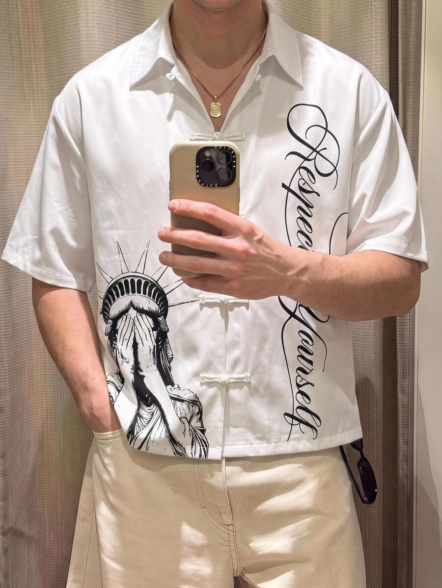 HIMLAND Men's Letter Pattern Casual Versatile Daily Wear Shirt - White - View 1