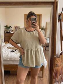 SHEIN CURVE+ Kemeja Kasual Musim Panas Ukuran Besar dengan Trim Kontras - Aprikot - View 5