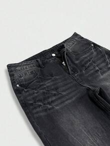 Manfinity Hypemode Celana Jeans Denim Pria American Vintage Washed Black Premium Serbaguna dengan Potongan Longgar - Hitam - View 6