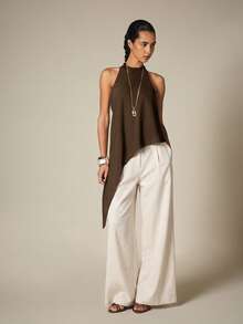 KSTM Halter Neck Asymmetric Draped Top With Open Back And Elegant Long Flowing Side Panel - Chocolate Brown - View 3