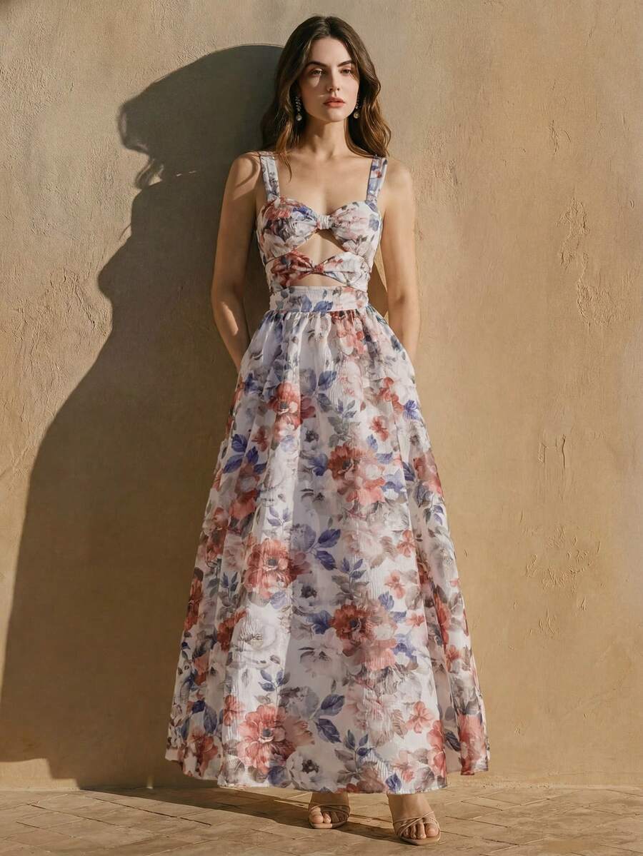 Anewsta Spring/Summer New Elegant Vintage Floral Print Spaghetti Strap Dress With Waist, Chest And Neckline Design, Cinched Waist, Long Maxi Full Skirt For Women - Red - View 1