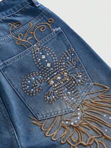 ROMWE Grunge Punk 龐克 Y2K 街頭風 後背翅膀刺繡水鑽裝飾 寬鬆版型 女款牛仔中長褲 音樂電音派對 藍金配色 夏季 - 藍色 - 查看 2
