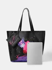 HELLO KITTY AND FRIENDS | SHEIN 1件時尚輕便可折疊印花圖案托特包，購物袋，便攜式單肩包，卡片收納袋，適用旅行與購物等 - 多色-黑紫色 - 查看 4