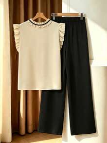 Modelyn Plus Size Summer Casual Elegant Shirt And Pants 2 Pieces Set Office Business Beige Black - Black - View 2