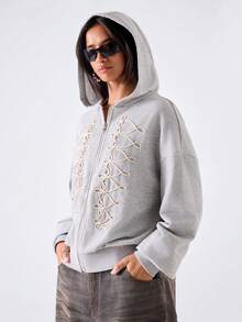 LYSMO Women's Zipper Front Drop Shoulder Long Sleeve Casual Sweatshirt - Light Grey - View 7