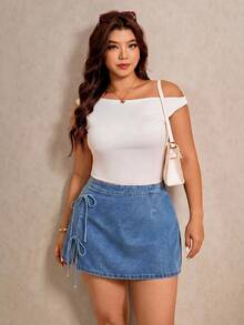 Elaquor Plus Size Women's Side Tie Waist Split Hem Casual Sexy Loose Fit Denim Skirt Date Night Birthday Club Blue Summer - Medium Wash - View 7