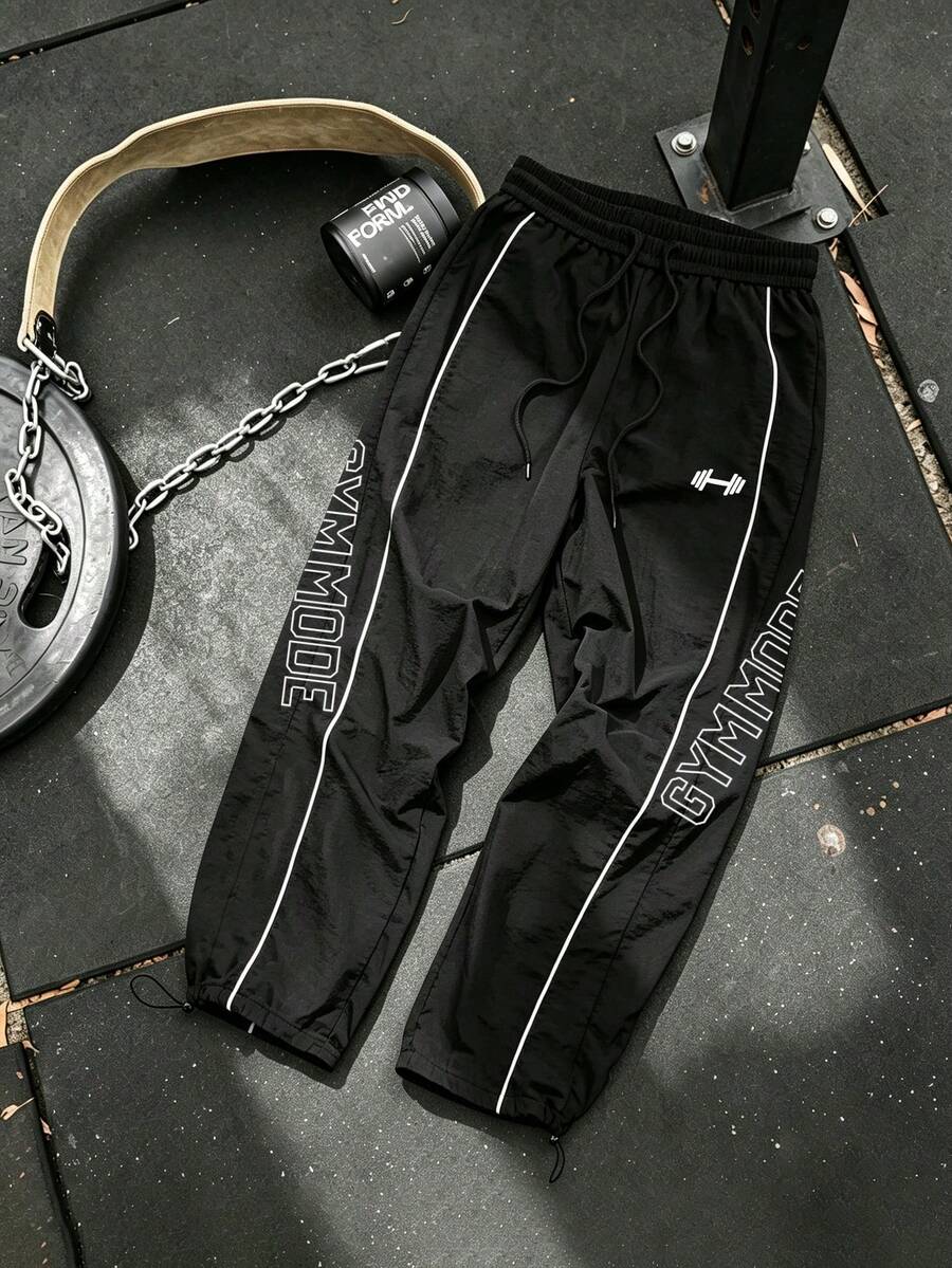 Sport MetroGents 男士字母印花抽繩腰運動長褲 - 黑色 - 查看 1