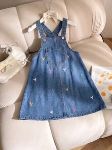 Elladie kids 女童可愛牛仔女孩風格多色愛心刺繡休閒牛仔吊裙，無袖復古藍色水洗寬鬆A字連身褲，秋季款 - 中等水洗藍 - 查看 1