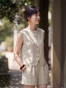 Yumoku Casual Women's Summer Linen Shorts 2 Pieces Set Vacation Beige - Apricot - View 3