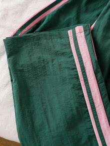 SHEIN Elladie kids 女童大童翡翠綠拼接長袖刺繡馬圖案布料直筒褲2件套運動休閒秋季服裝粉色 - 綠色 - 查看 7