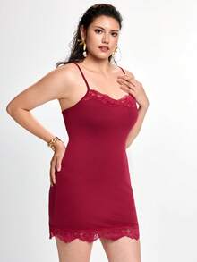 Slumbrini Sexy Spaghetti Strap Soft Lace Plus Size Nightgown - Burgundy - View 6