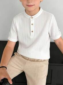 SHEIN Kids Tween Boy Solid Color Button Design Short Sleeve Shirt And Pants Casual Set - White - View 4