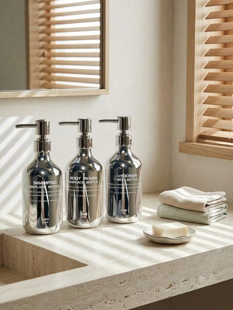 Haus Hana 1pc Silver Bathroom Dispenser Set, Suitable For Hotels And Shower Rooms, Includes Refillable Shampoo, Body Wash And Conditioner Pump Bottles. Easy To Refill, With Leak-Proof Pump Function, 500ml. Perfect For Use In Hotel, Home Bathrooms, Shower Walls Or Countertop Installations. Ideal Gift Choice For Hotel Managers And Bathroom Organizing Enthusiasts. - multicolor - View 1