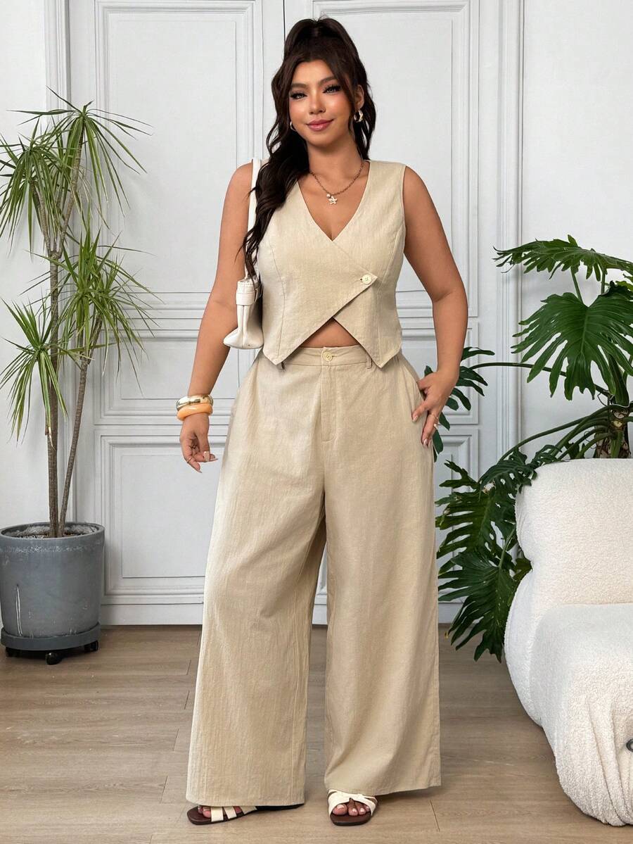 SHEIN EZwear Beige Casual Elegant Women's Plus Size Single Button Vest And Pants Set Brunch Formal Vacation Summer - Apricot - View 1