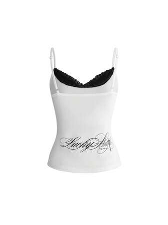 Grunge Punk Sommer Y2K Slogan Kreuzdruck 2 In 1 Spitzen-Patchwork figurbetontes Camisole Tanktop