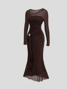 Sweetra Sweet Minimalist Sexy Hot Girl Style Mesh Strapless Bodycon Fishtail Dress Fashion Party Night Out Autumn Elegant Metal Buckle Mature Woman Dark Brown - Brown - View 3