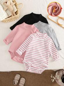SHEIN Vintaside Kids 嬰兒幼兒秋冬半高領內搭套裝，寶寶內著/外著長袖黑色、粉色、灰色、條紋內衣與上衣4件套，柔軟親膚四季百搭款 - 彩色 - 查看 10