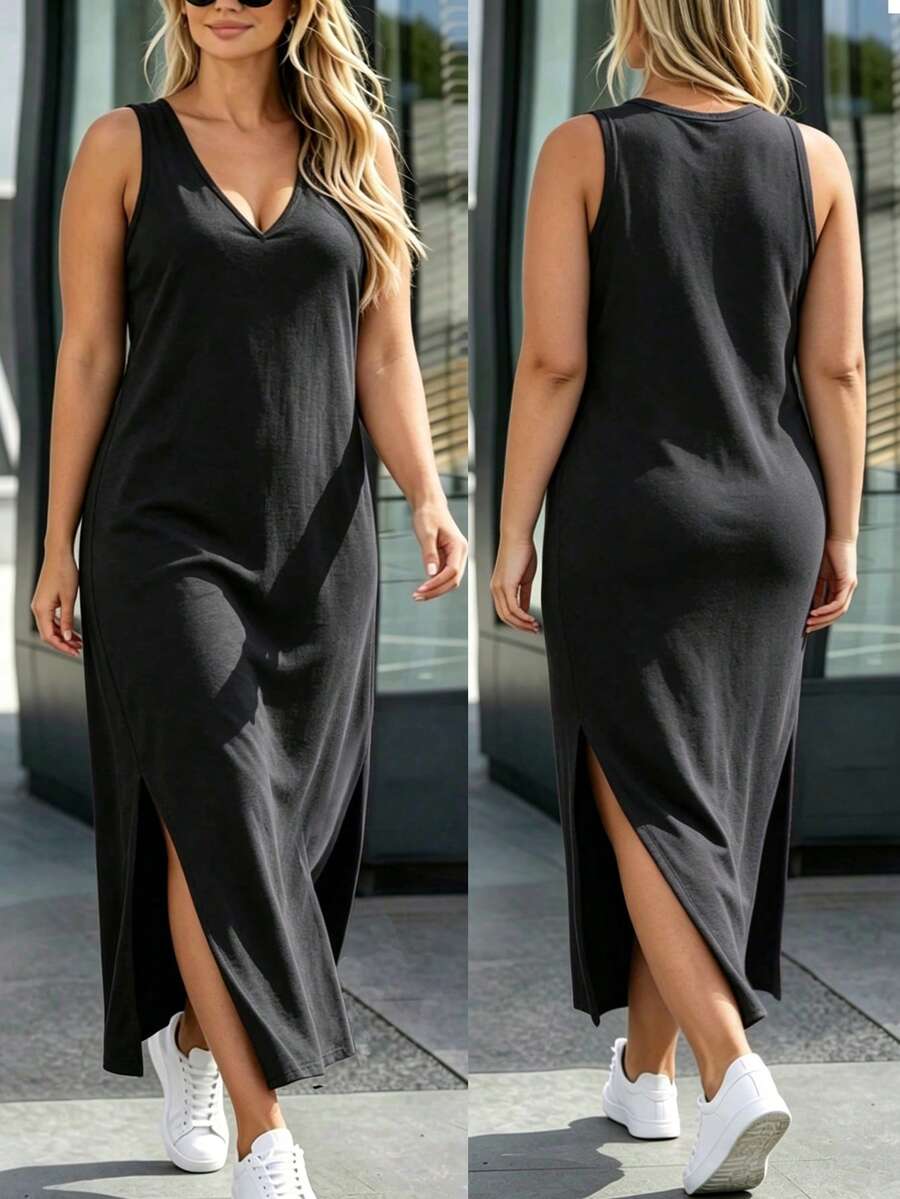 Silhoulove Plus Size Women Solid Color V-Neck Side Slit Hem Casual Sleeveless Dress - Black - View 1