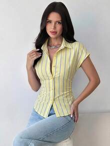 Firerie Women's Blue And Yellow Striped Cap Sleeve Blouse Side Ruched Back Tie Waist Top Teacher Commuter Business Cinched Design Casual Teachers' Day Summer - Light Yellow - View 4