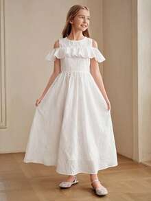 Anewsta Vestido blanco de verano para niñas con bordado, calado, estilo princesa, línea A, volantes, hombros descubiertos, top sin mangas, para niña preadolescente - Blanco - Ver 5