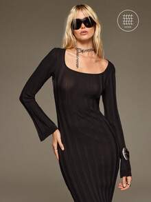 BAD SUNDAY Women's Autumn Black Silver Knit Mid-Length Dress With Deep U-Neck And Flare Sleeves, Y2K Sexy Millennium Style, Versatile For Night Out Club - Black - View 5