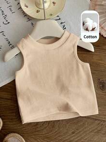 SHEIN Baby Girl Knit Solid Color Round Neck Fitted Casual Tank Top - 杏色 - 查看 7