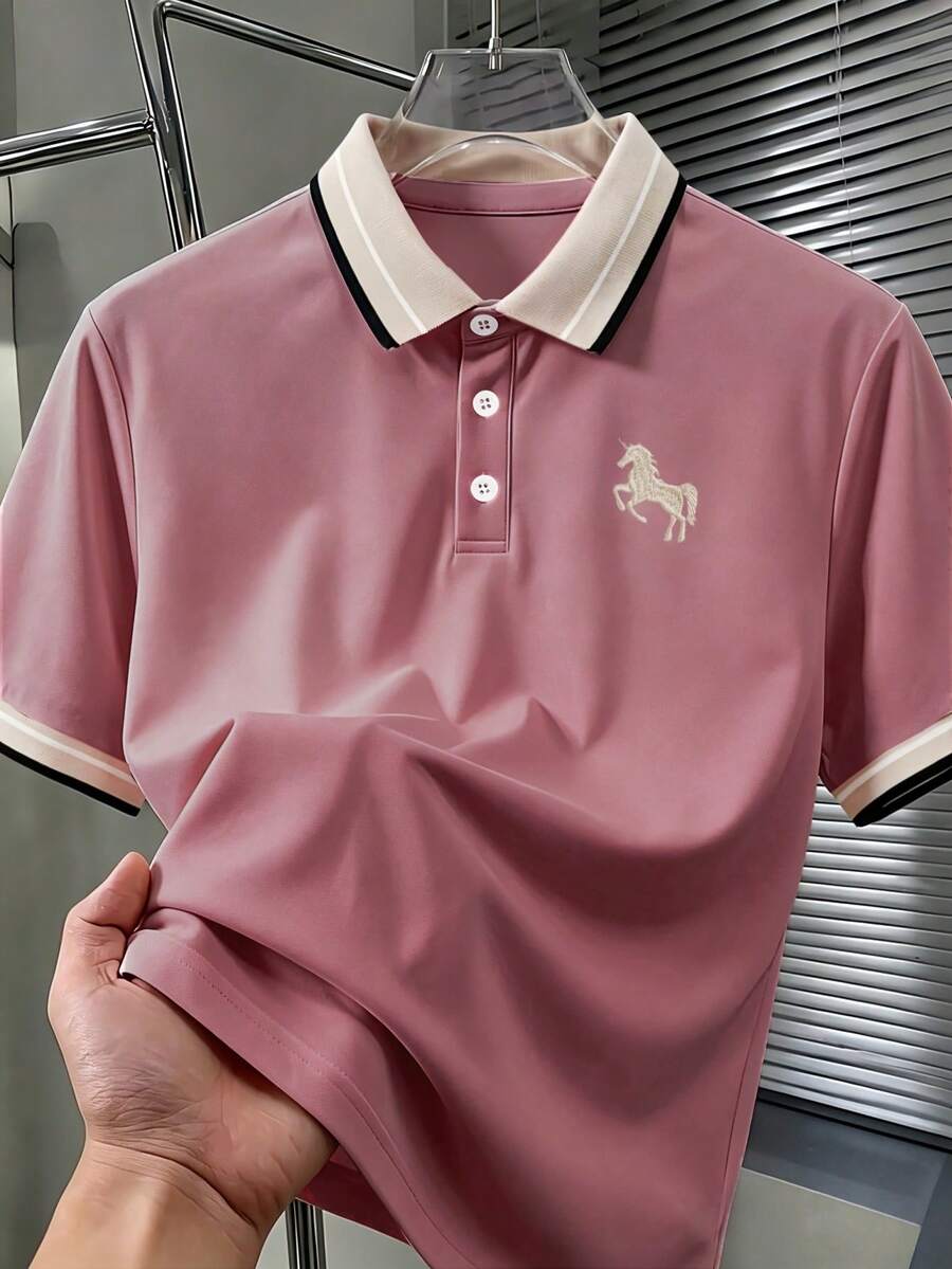 Calvornis 男士珠飾羅紋領刺繡短袖休閒 Polo 衫 - 藕粉色 - 查看 1