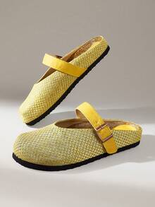 Solecia Women Shoes Woven Linen Closed Toe Single Buckle Flat Bottom Comfortable Leisure Vacation Wind Yellow Ladies Slouchy Shoes Travel Daily Wear - Yellow - View 9