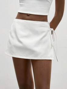 Maija Women's Casual Solid Color Tie-Up Denim Shorts, Summer Jorts - White - View 3