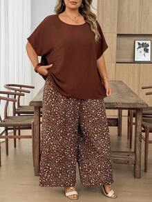 SHEIN CURVE+ Curve 尺码 US22 音乐节、海滨度假、波西米亚风两件套女士度假宽松衬衫和碎花长裤套装 夏季套装 - 棕色 - 查看 5