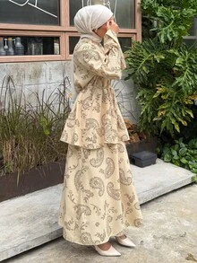 DAZY Setelan 2 Potong Wanita Musim Panas dan Gugur: Atasan Lengan Panjang Model Mengembang dengan Ikat Pinggang dan Motif Aprikot, Dipadukan dengan Rok Panjang - Aprikot - View 7