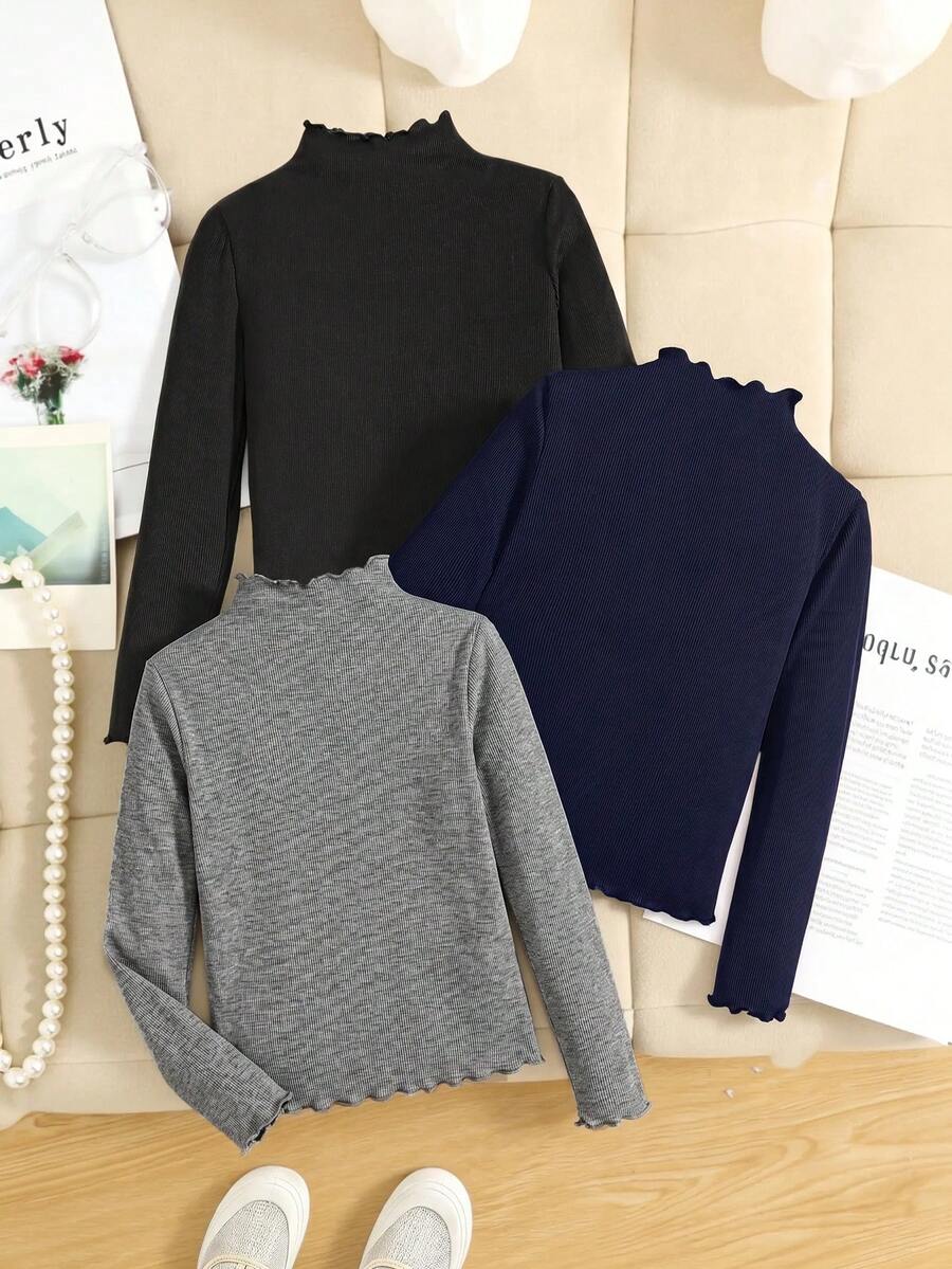 Tween女孩 3件組休閒百搭純色螺紋荷葉邊假領T恤 - 彩色 - 查看 1