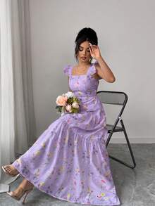 SHEIN Elenzya 女士春夏优雅别致白色碎花印花荷叶边肩带A字连衣裙，适合通勤、外出、野餐、情人节约会 - 淡紫色 - 查看 8
