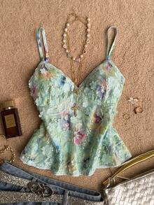 Attitoon Casual Minimalist Daily Versatile All-Match Party Elegant Romantic Vacation Glamorous Vintage, Mint Green Sequin Mesh Floral Watercolor Sequins Textured Fabric, Y2K Top, Birthday, Date, Beach, Vacation, Going Out, Women's Summer - Mint Green - View 1