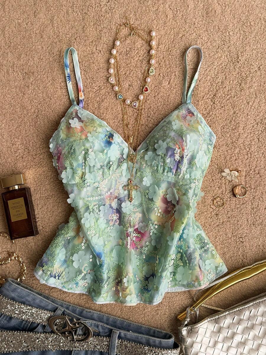 Attitoon Casual Minimalist Daily Versatile All-Match Party Elegant Romantic Vacation Glamorous Vintage, Mint Green Sequin Mesh Floral Watercolor Sequins Textured Fabric, Y2K Top, Birthday, Date, Beach, Vacation, Going Out, Women's Summer - Mint Green - View 1