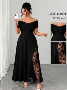 Elenzga Plus Size Women's Spring And Autumn Cross-Collar Elastic Tight Frame Fabric With Hollow Mesh Three-Dimensional Flowers, Full Of Luxury, Must-Have Item For Parties, Elegant Style, Party Shape, Long Sleeveless Elegant Dress - Black - View 7