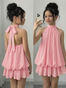 Firerie Kids Firerie Kids Tween Girl Tween Girl Solid Color Ruched Fashion Halter Tie Mini Dress - Pink - View 1
